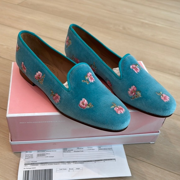 LoveShackFancy Teal Floral Velvet Loafers - Picture 1 of 3